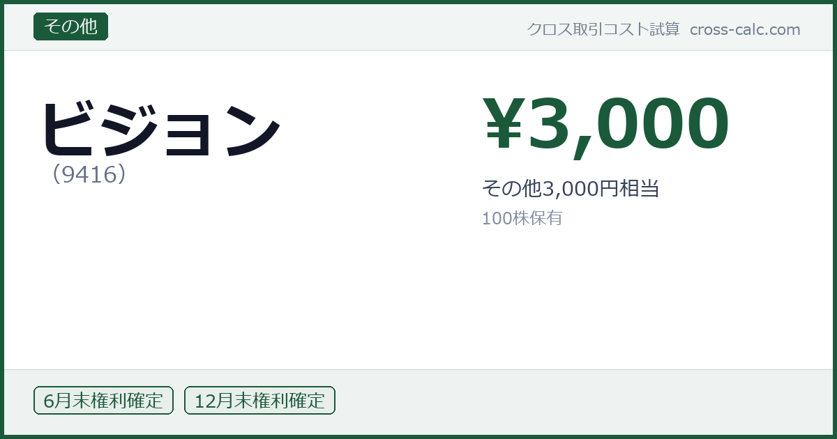 type=その他|co=ビジョン|code=9416|val=3000|desc=その他3,000円相当|shares=100|months=6月末,12月末|color=#1a5a3a