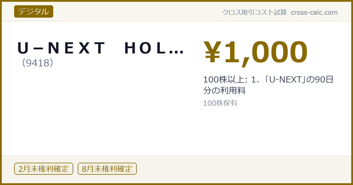 type=デジタル|co=U-NEXT HOL...|code=9418|val=1000|desc=100株以上: 1、「U-NEXT」の90日分の利用料|shares=100|months=2月末,8月末|color=#8a6a00