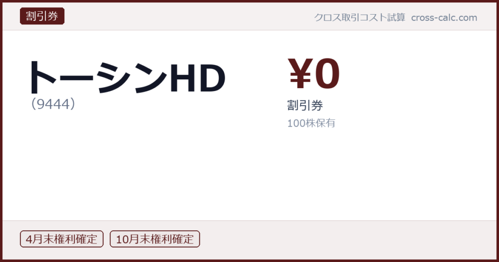 type=割引券|co=トーシンHD|code=9444|val=0|desc=割引券|shares=100|months=4月末,10月末|color=#5a1a1a