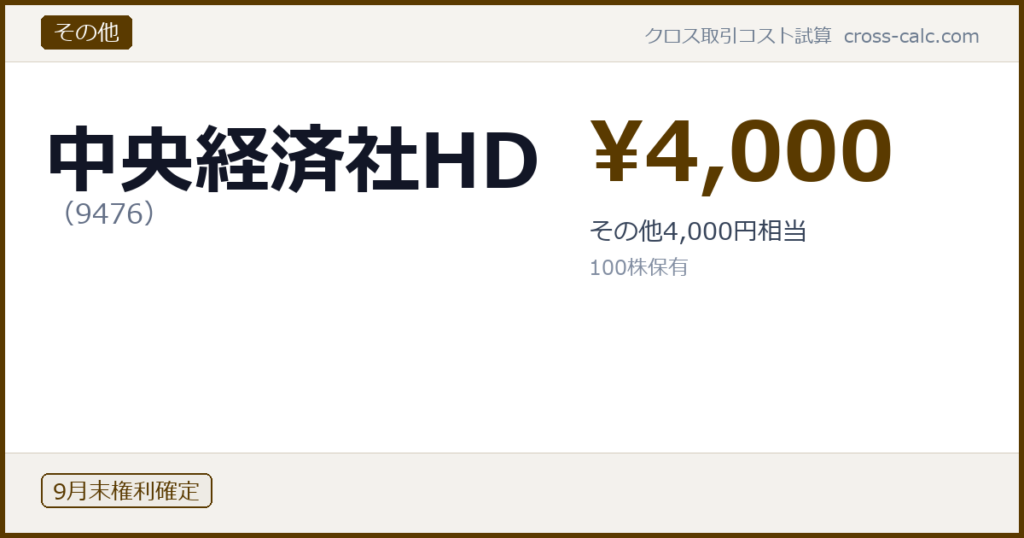 type=その他|co=中央経済社HD|code=9476|val=4000|desc=その他4,000円相当|shares=100|months=9月末|color=#5a3a00