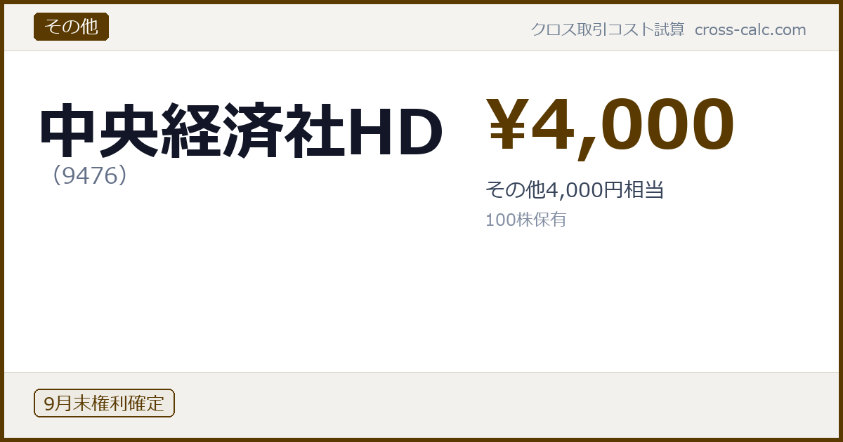 type=その他|co=中央経済社HD|code=9476|val=4000|desc=その他4,000円相当|shares=100|months=9月末|color=#5a3a00