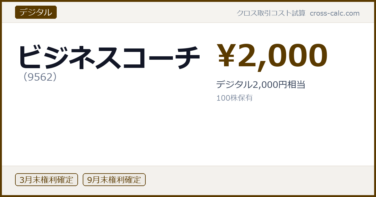 type=デジタル|co=ビジネスコーチ|code=9562|val=2000|desc=デジタル2,000円相当|shares=100|months=3月末,9月末|color=#5a3a00