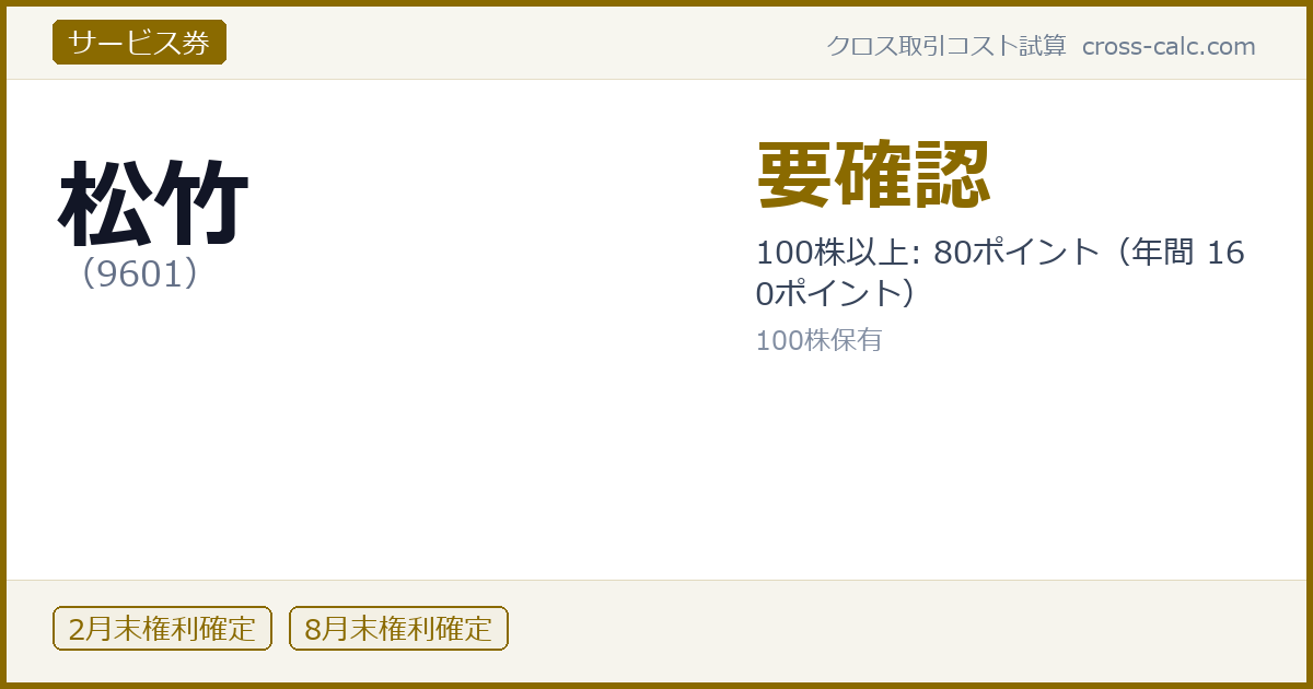 type=サービス券|co=松竹|code=9601|val=要確認|desc=100株以上: 80ポイント（年間 160ポイント）|shares=100|months=2月末,8月末|color=#8a6a00