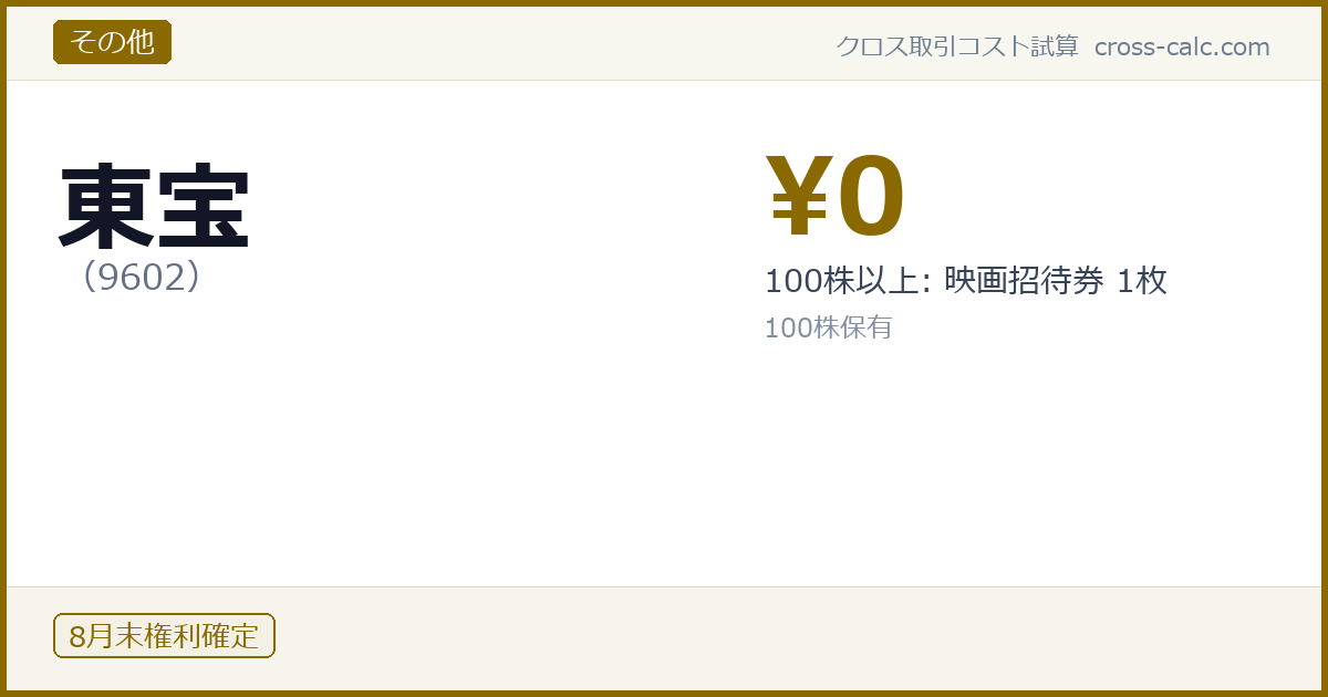type=その他|co=東宝|code=9602|val=0|desc=100株以上: 映画招待券 1枚|shares=100|months=8月末|color=#8a6a00