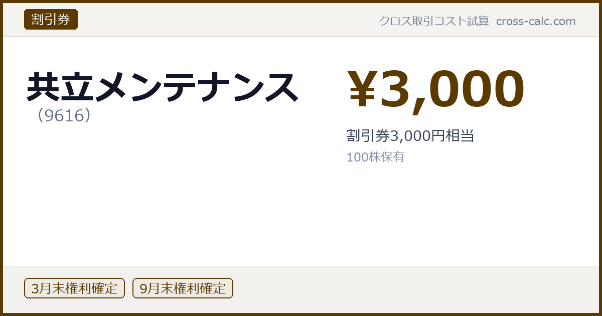 type=割引券|co=共立メンテナンス|code=9616|val=3000|desc=割引券3,000円相当|shares=100|months=3月末,9月末|color=#5a3a00