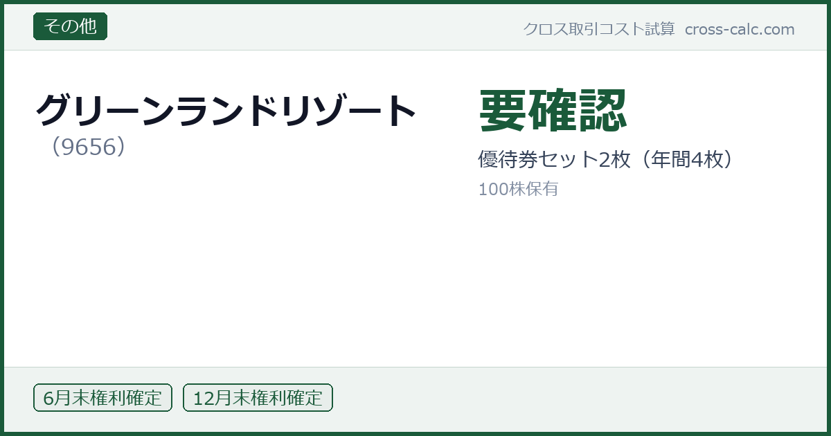 type=その他|co=グリーンランドリゾート|code=9656|val=要確認|desc=優待券セット2枚（年間4枚）|shares=100|months=6月末,12月末|color=#1a5a3a