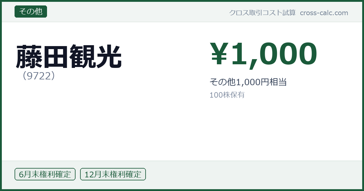 type=その他|co=藤田観光|code=9722|val=1000|desc=その他1,000円相当|shares=100|months=6月末,12月末|color=#1a5a3a
