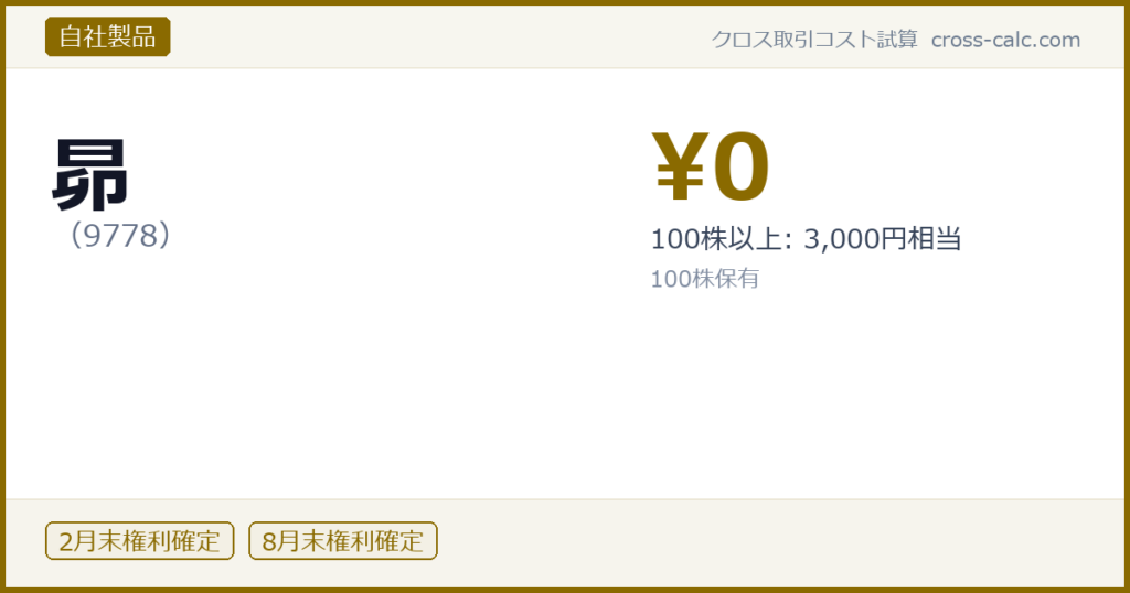 type=自社製品|co=昴|code=9778|val=0|desc=100株以上: 3,000円相当|shares=100|months=2月末,8月末|color=#8a6a00