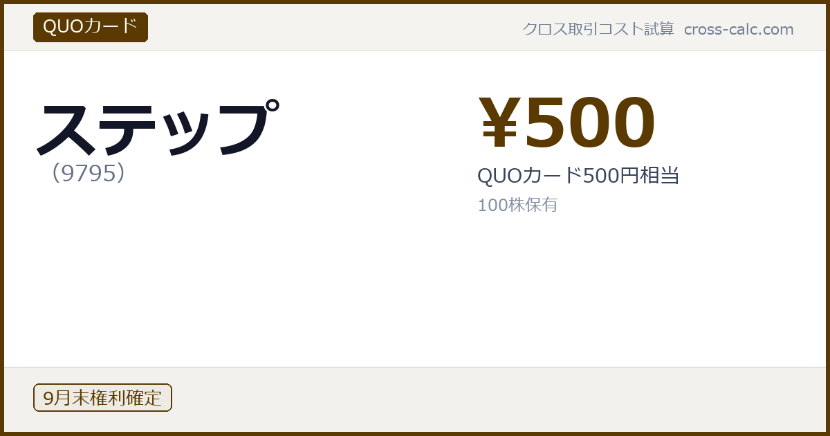type=QUOカード|co=ステップ|code=9795|val=500|desc=QUOカード500円相当|shares=100|months=9月末|color=#5a3a00
