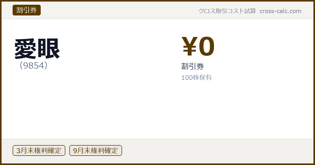 type=割引券|co=愛眼|code=9854|val=0|desc=割引券|shares=100|months=3月末,9月末|color=#5a3a00