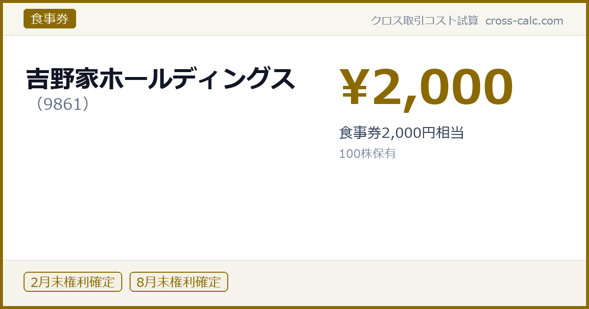 type=食事券|co=吉野家ホールディングス|code=9861|val=2000|desc=食事券2,000円相当|shares=100|months=2月末,8月末|color=#8a6a00