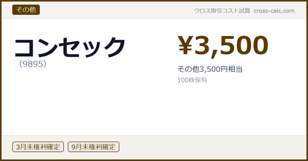 type=その他|co=コンセック|code=9895|val=3500|desc=その他3,500円相当|shares=100|months=3月末,9月末|color=#5a3a00