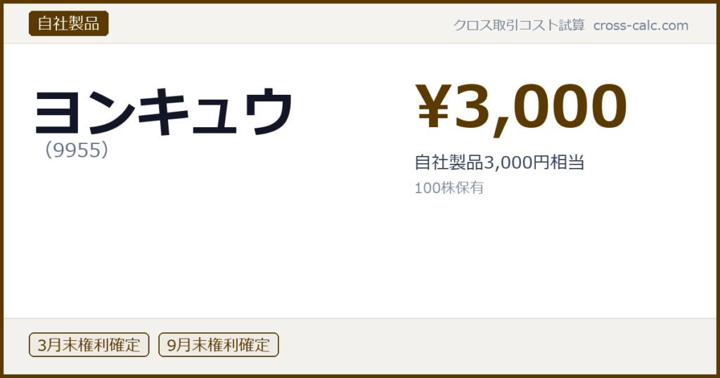 type=自社製品|co=ヨンキュウ|code=9955|val=3000|desc=自社製品3,000円相当|shares=100|months=3月末,9月末|color=#5a3a00