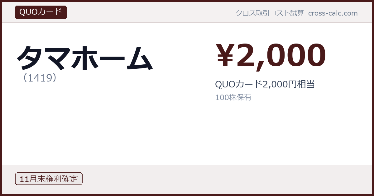 type=QUOカード|co=タマホーム|code=1419|val=2000|desc=QUOカード2,000円相当|shares=100|months=11月末|color=#4a1a1a