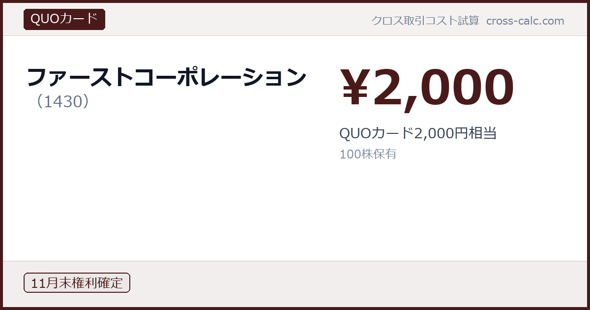 type=QUOカード|co=ファーストコーポレーション|code=1430|val=2000|desc=QUOカード2,000円相当|shares=100|months=11月末|color=#4a1a1a