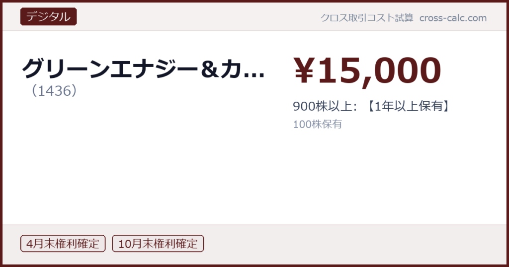 type=デジタル|co=グリーンエナジー＆カ...|code=1436|val=15000|desc=900株以上: 【1年以上保有】|shares=100|months=4月末,10月末|color=#5a1a1a