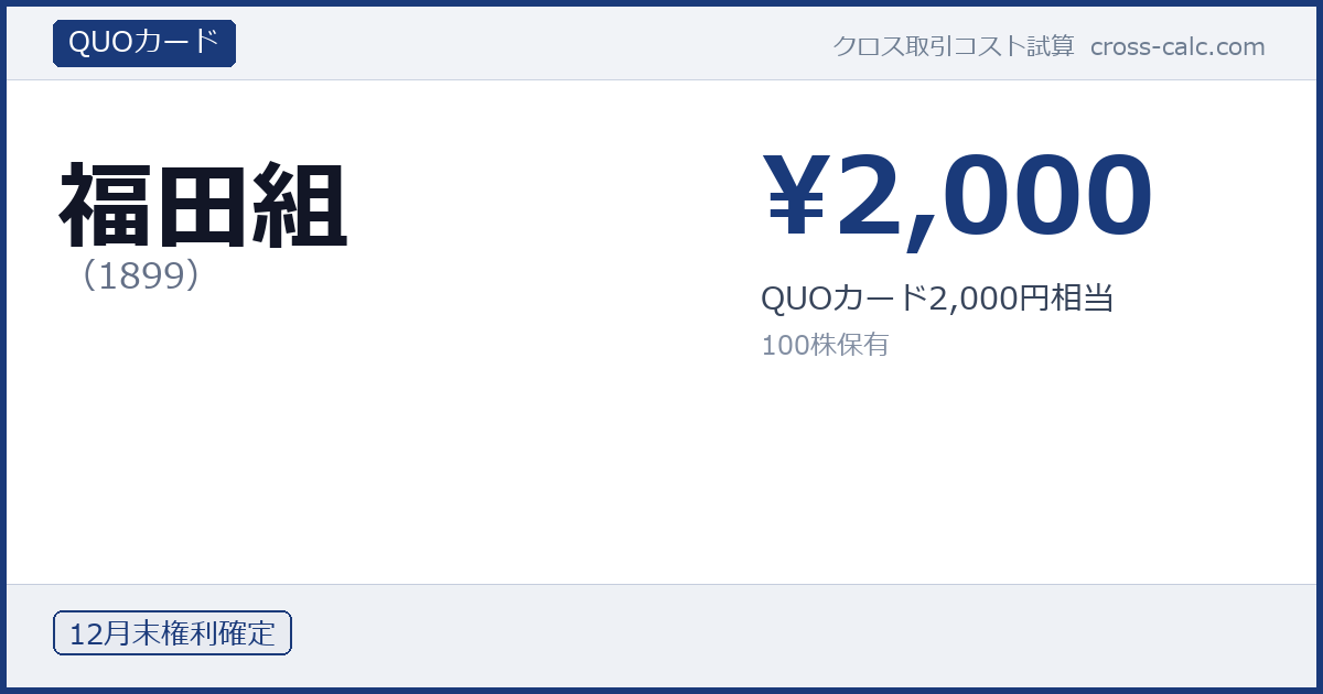 type=QUOカード|co=福田組|code=1899|val=2000|desc=QUOカード2,000円相当|shares=100|months=12月末|color=#1a3a7a