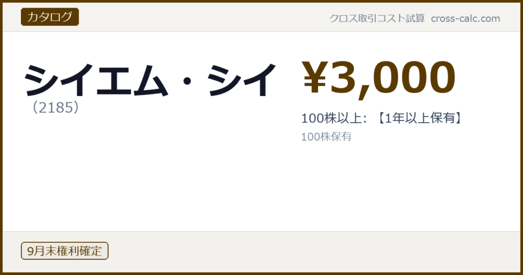 type=カタログ|co=シイエム・シイ|code=2185|val=3000|desc=100株以上: 【1年以上保有】|shares=100|months=9月末|color=#5a3a00