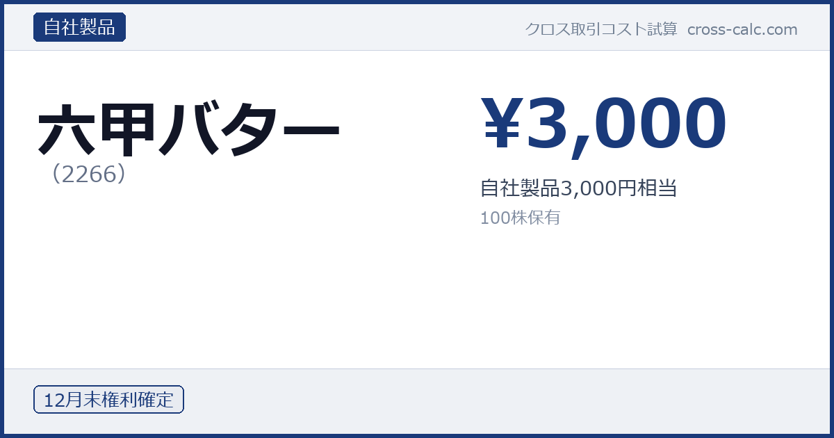type=自社製品|co=六甲バター|code=2266|val=3000|desc=自社製品3,000円相当|shares=100|months=12月末|color=#1a3a7a