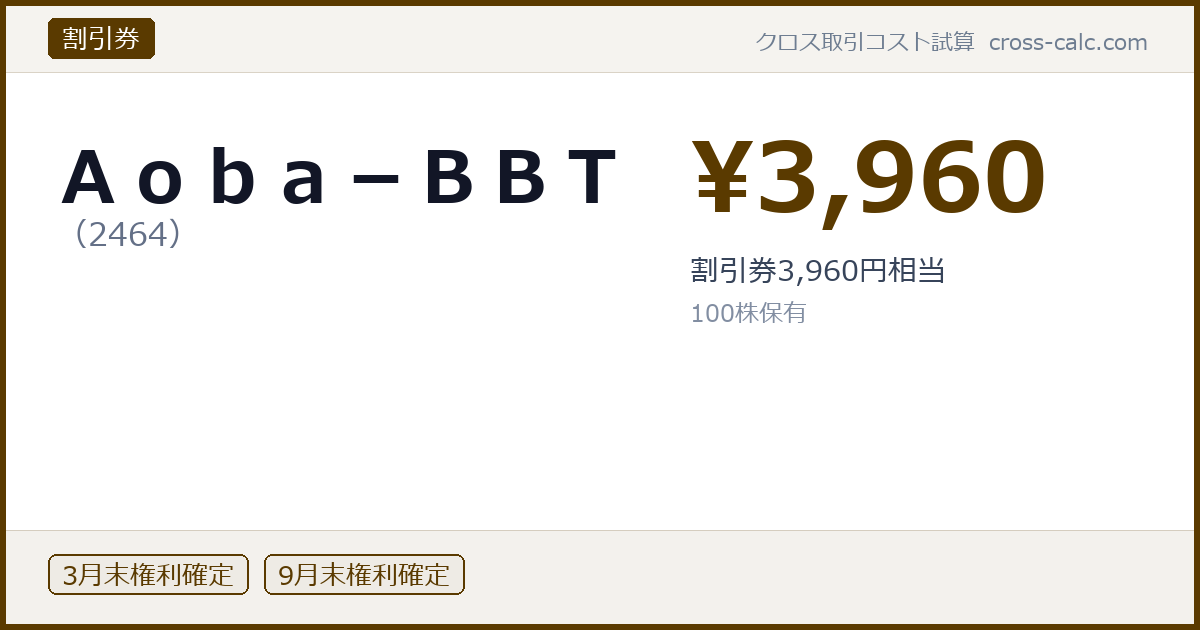 type=割引券|co=Ａｏｂａ－ＢＢＴ|code=2464|val=3960|desc=割引券3,960円相当|shares=100|months=3月末,9月末|color=#5a3a00