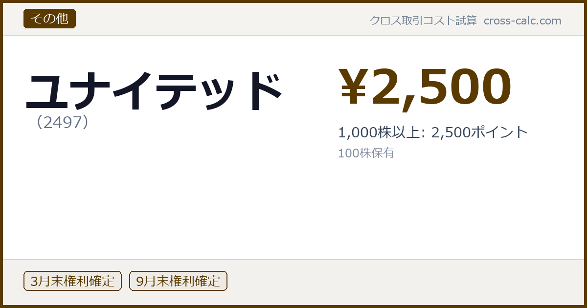 type=その他|co=ユナイテッド|code=2497|val=2500|desc=1,000株以上: 2,500ポイント|shares=100|months=3月末,9月末|color=#5a3a00