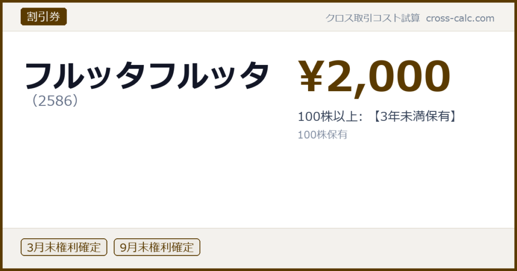 type=割引券|co=フルッタフルッタ|code=2586|val=2000|desc=100株以上: 【3年未満保有】|shares=100|months=3月末,9月末|color=#5a3a00