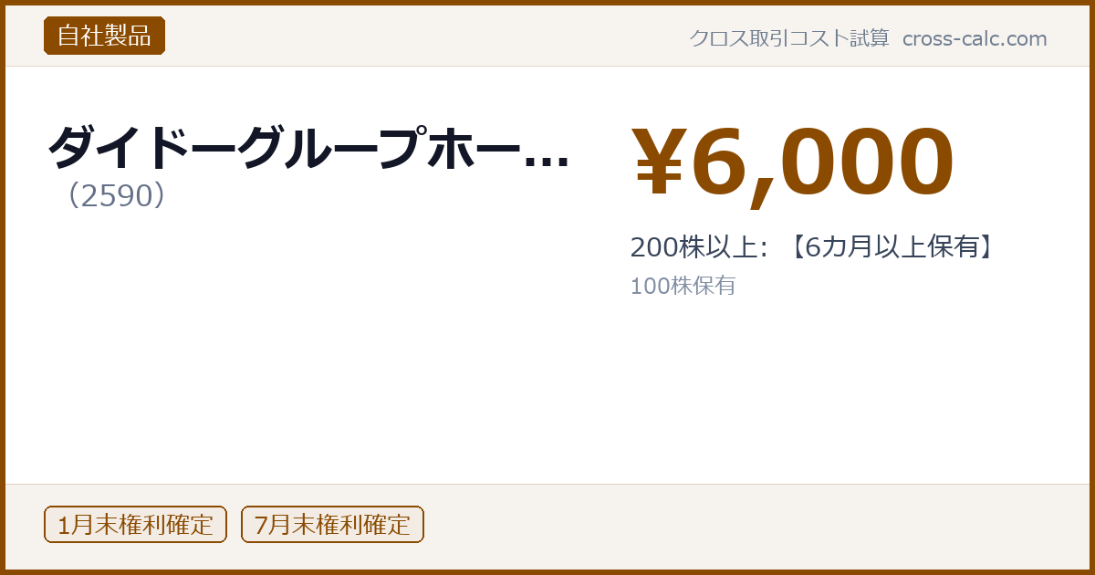 type=自社製品|co=ダイドーグループホー...|code=2590|val=6000|desc=200株以上: 【6カ月以上保有】|shares=100|months=1月末,7月末|color=#8a4a00