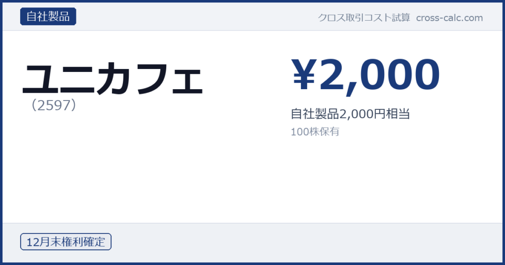 type=自社製品|co=ユニカフェ|code=2597|val=2000|desc=自社製品2,000円相当|shares=100|months=12月末|color=#1a3a7a