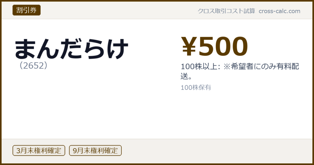 type=割引券|co=まんだらけ|code=2652|val=500|desc=100株以上: ※希望者にのみ有料配送。|shares=100|months=3月末,9月末|color=#5a3a00