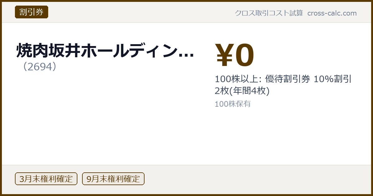 type=割引券|co=焼肉坂井ホールディン...|code=2694|val=0|desc=100株以上: 優待割引券 10%割引 2枚(年間4枚)|shares=100|months=3月末,9月末|color=#5a3a00