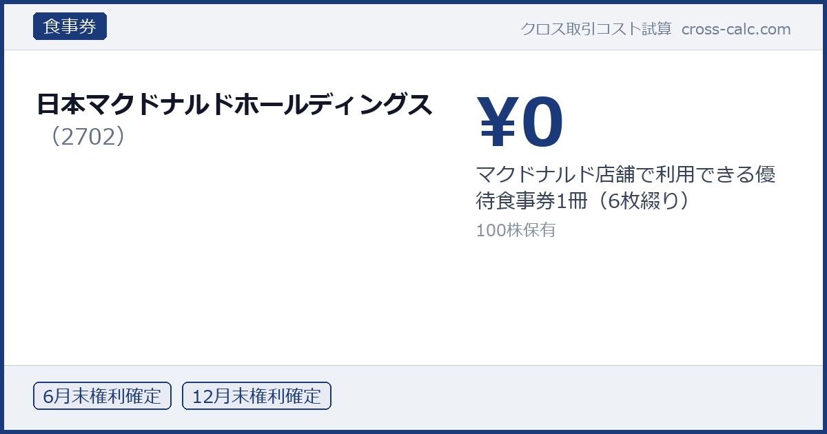 type=食事券|co=日本マクドナルドホールディングス|code=2702|val=0|desc=マクドナルド店舗で利用できる優待食事券1冊（6枚綴り）|shares=100|months=6月末,12月末|color=#1a3a7a
