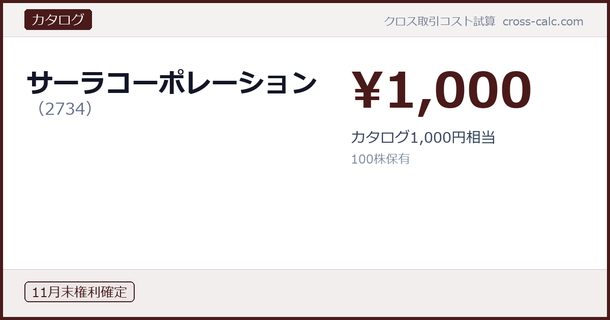 type=カタログ|co=サーラコーポレーション|code=2734|val=1000|desc=カタログ1,000円相当|shares=100|months=11月末|color=#4a1a1a