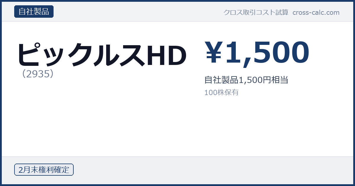 type=自社製品|co=ピックルスHD|code=2935|val=1500|desc=自社製品1,500円相当|shares=100|months=2月末|color=#1a3a6a