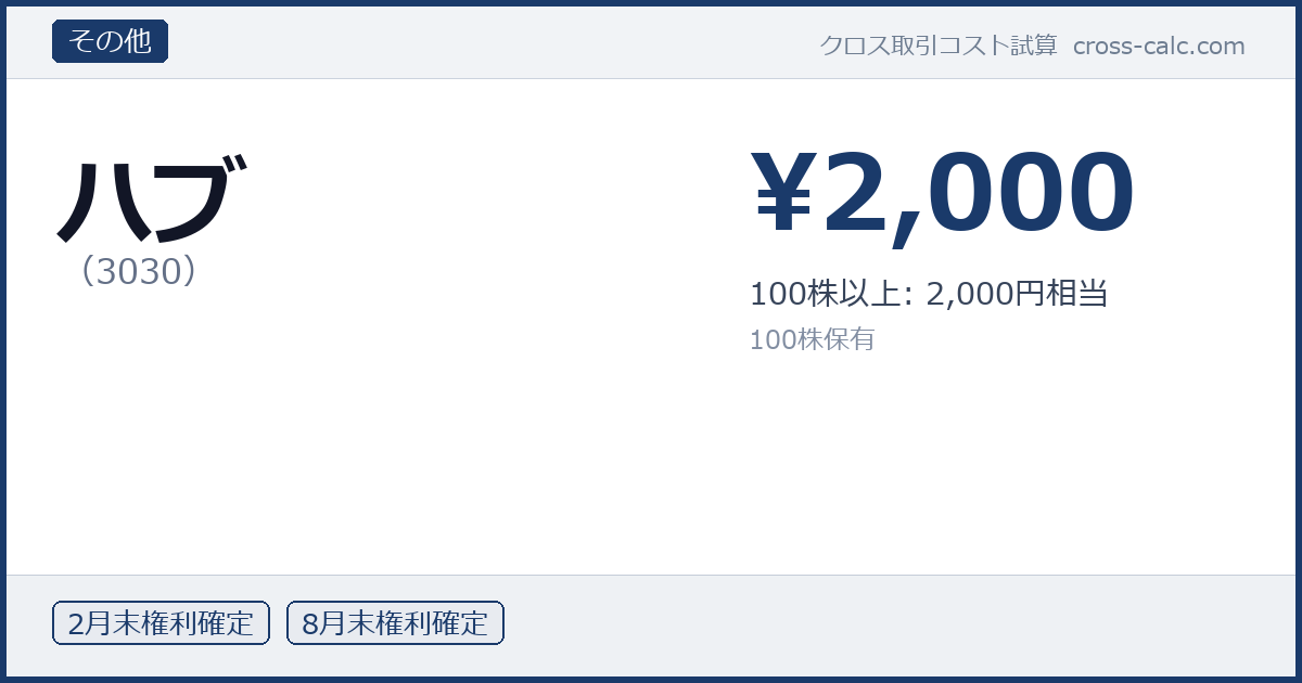 type=その他|co=ハブ|code=3030|val=2000|desc=100株以上: 2,000円相当|shares=100|months=2月末,8月末|color=#1a3a6a
