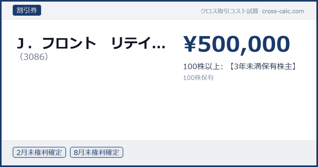 type=割引券|co=Ｊ．フロント　リテイ...|code=3086|val=500000|desc=100株以上: 【3年未満保有株主】|shares=100|months=2月末,8月末|color=#1a3a6a