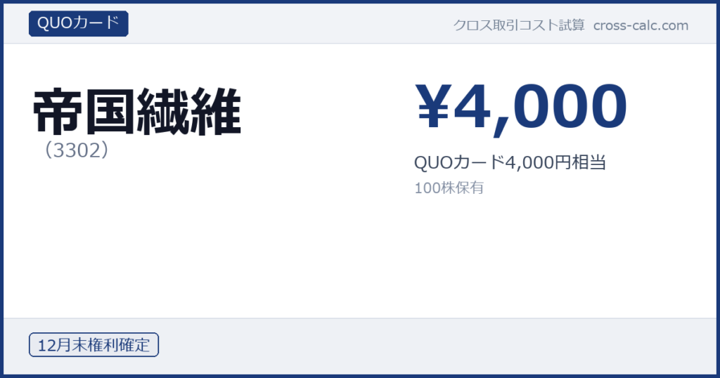 type=QUOカード|co=帝国繊維|code=3302|val=4000|desc=QUOカード4,000円相当|shares=100|months=12月末|color=#1a3a7a