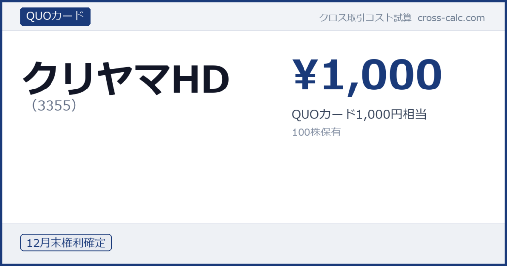 type=QUOカード|co=クリヤマHD|code=3355|val=1000|desc=QUOカード1,000円相当|shares=100|months=12月末|color=#1a3a7a