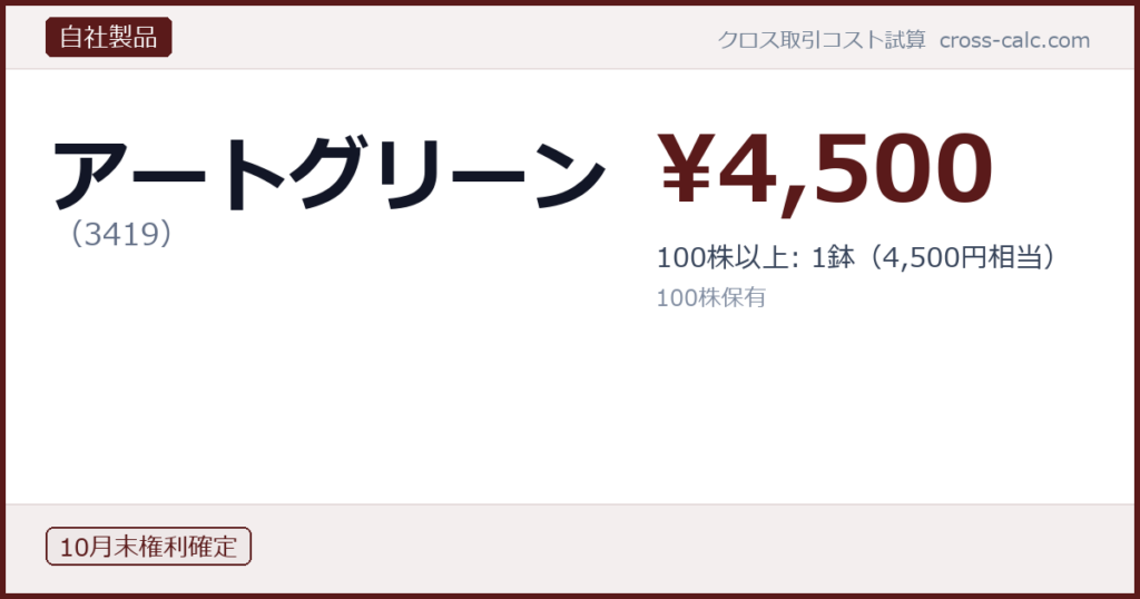 type=自社製品|co=アートグリーン|code=3419|val=4500|desc=100株以上: 1鉢（4,500円相当）|shares=100|months=10月末|color=#5a1a1a