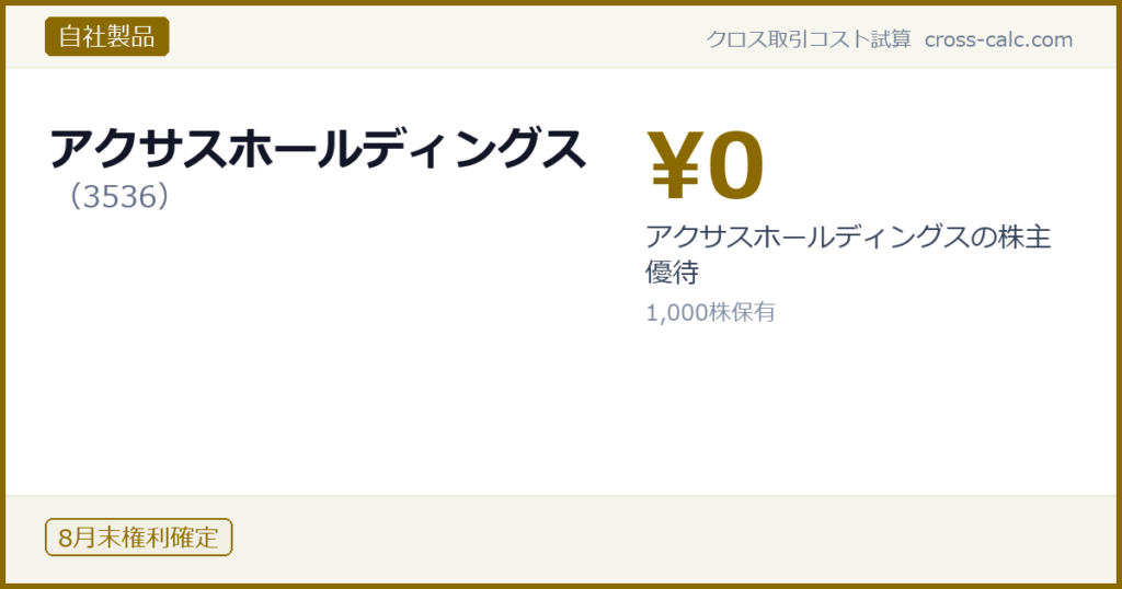 type=自社製品|co=アクサスホールディングス|code=3536|val=0|desc=アクサスホールディングスの株主優待|shares=1000|months=8月末|color=#8a6a00