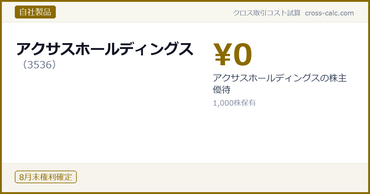 type=自社製品|co=アクサスホールディングス|code=3536|val=0|desc=アクサスホールディングスの株主優待|shares=1000|months=8月末|color=#8a6a00