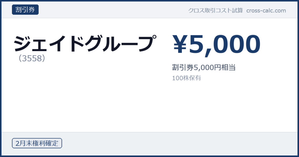 type=割引券|co=ジェイドグループ|code=3558|val=5000|desc=割引券5,000円相当|shares=100|months=2月末|color=#1a3a6a