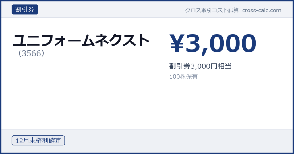 type=割引券|co=ユニフォームネクスト|code=3566|val=3000|desc=割引券3,000円相当|shares=100|months=12月末|color=#1a3a7a