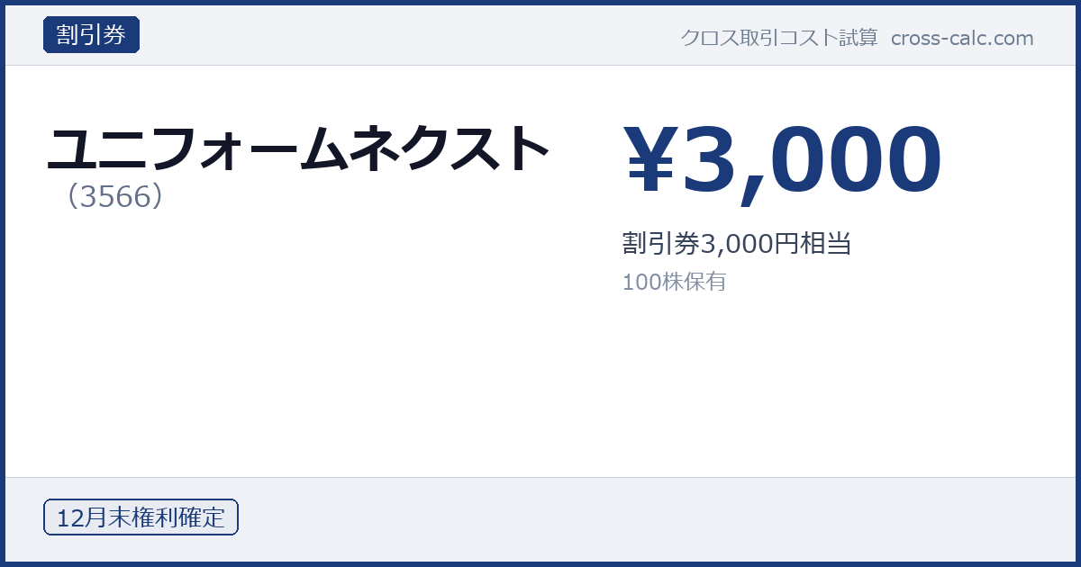 type=割引券|co=ユニフォームネクスト|code=3566|val=3000|desc=割引券3,000円相当|shares=100|months=12月末|color=#1a3a7a