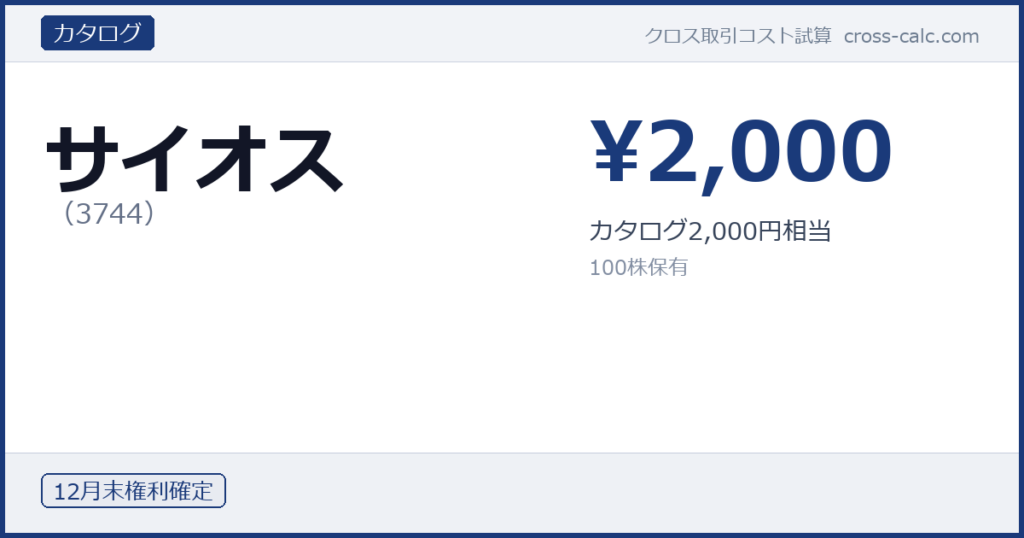 type=カタログ|co=サイオス|code=3744|val=2000|desc=カタログ2,000円相当|shares=100|months=12月末|color=#1a3a7a
