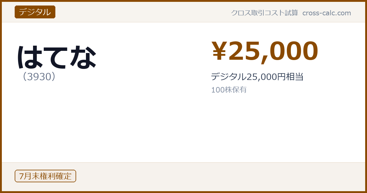 type=デジタル|co=はてな|code=3930|val=25000|desc=デジタル25,000円相当|shares=100|months=7月末|color=#8a4a00