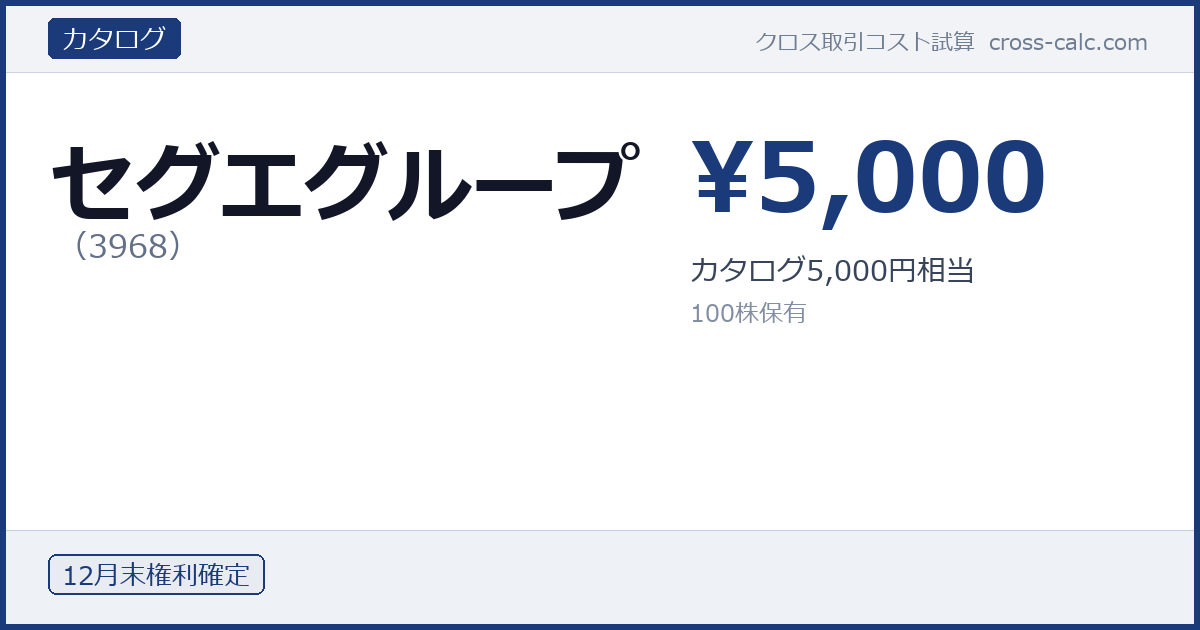 type=カタログ|co=セグエグループ|code=3968|val=5000|desc=カタログ5,000円相当|shares=100|months=12月末|color=#1a3a7a