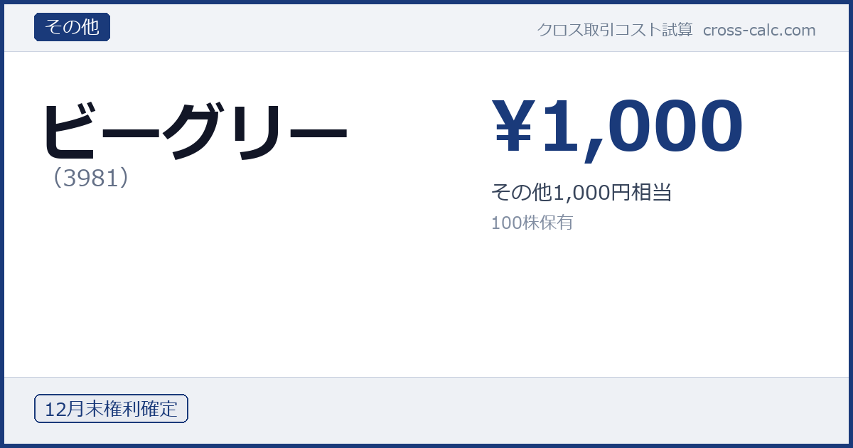 type=その他|co=ビーグリー|code=3981|val=1000|desc=その他1,000円相当|shares=100|months=12月末|color=#1a3a7a