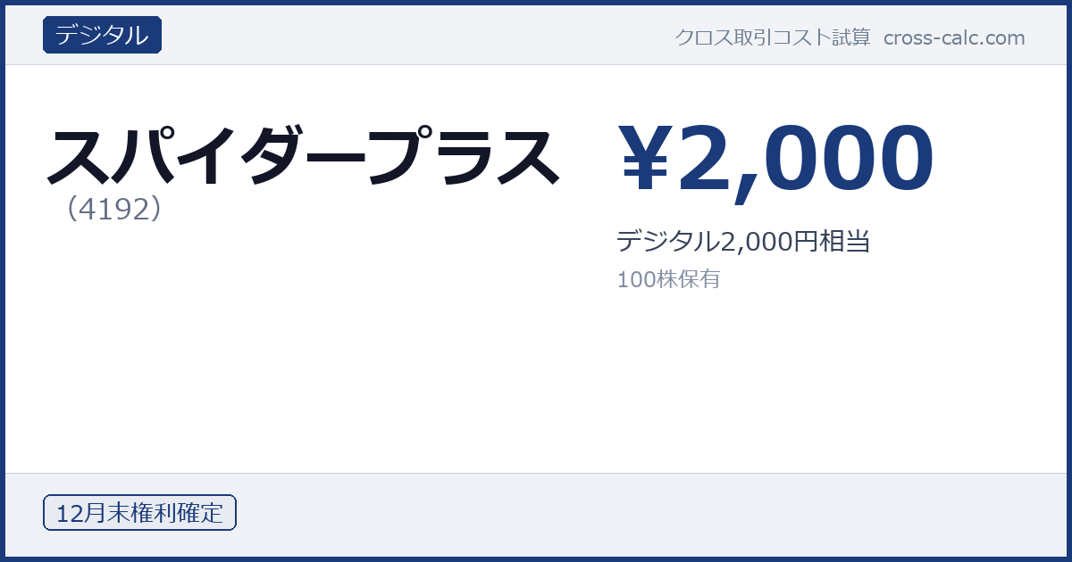 type=デジタル|co=スパイダープラス|code=4192|val=2000|desc=デジタル2,000円相当|shares=100|months=12月末|color=#1a3a7a