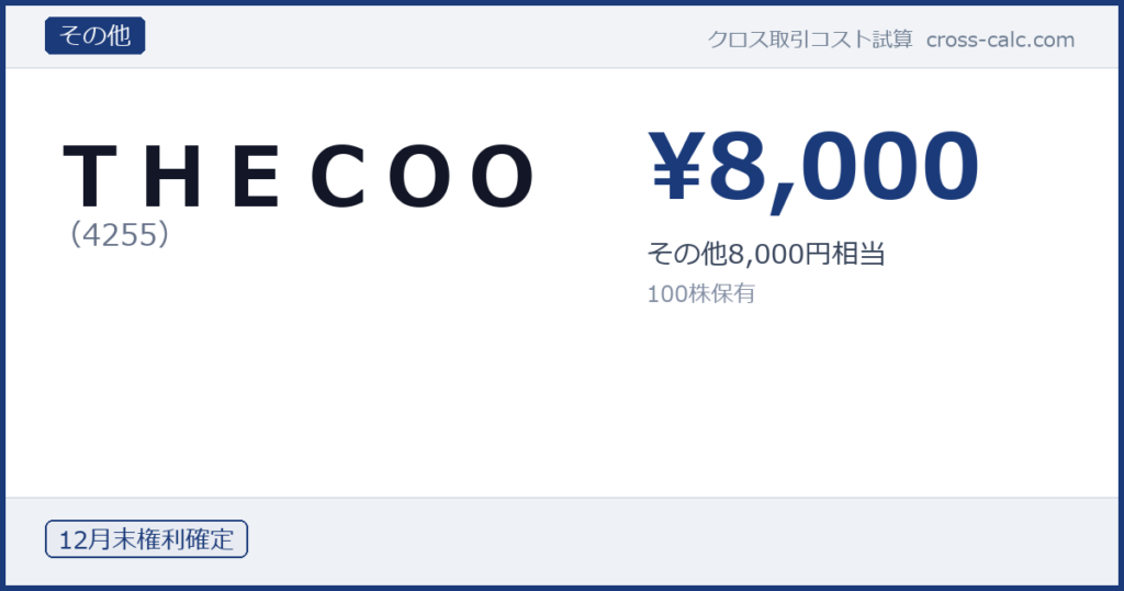 type=その他|co=ＴＨＥＣＯＯ|code=4255|val=8000|desc=その他8,000円相当|shares=100|months=12月末|color=#1a3a7a