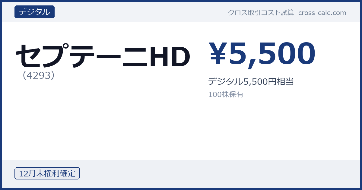 type=デジタル|co=セプテーニHD|code=4293|val=5500|desc=デジタル5,500円相当|shares=100|months=12月末|color=#1a3a7a